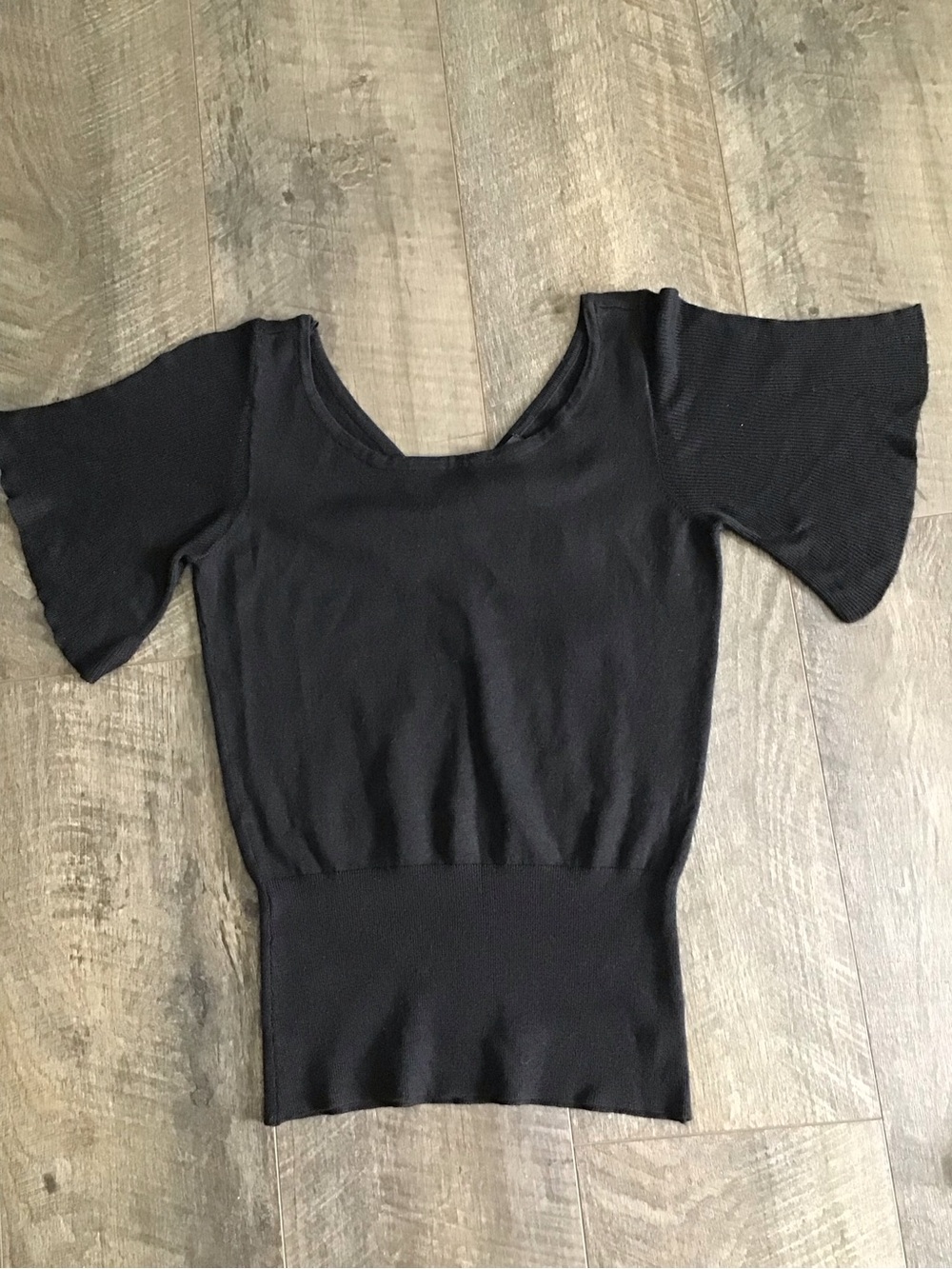 White House Black Market Black Scoop Neck Flutter Sleeve Top